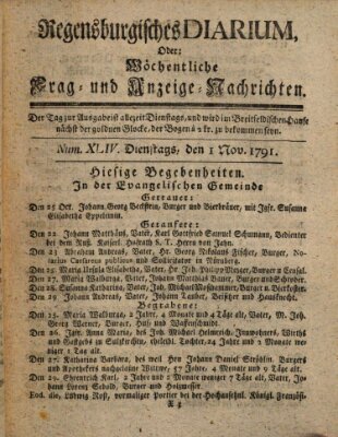 Regensburgisches Diarium oder wöchentliche Frag- und Anzeige-Nachrichten (Regensburger Wochenblatt) Dienstag 1. November 1791