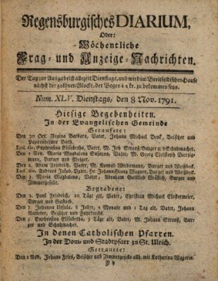 Regensburgisches Diarium oder wöchentliche Frag- und Anzeige-Nachrichten (Regensburger Wochenblatt) Dienstag 8. November 1791