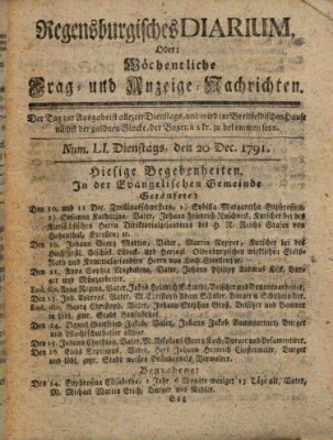 Regensburgisches Diarium oder wöchentliche Frag- und Anzeige-Nachrichten (Regensburger Wochenblatt) Dienstag 20. Dezember 1791