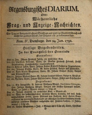 Regensburgisches Diarium oder wöchentliche Frag- und Anzeige-Nachrichten (Regensburger Wochenblatt) Dienstag 24. Januar 1792