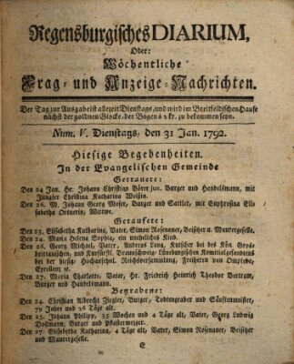Regensburgisches Diarium oder wöchentliche Frag- und Anzeige-Nachrichten (Regensburger Wochenblatt) Dienstag 31. Januar 1792