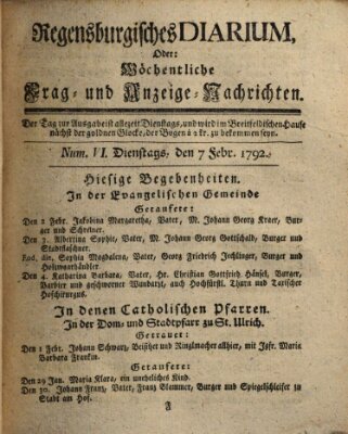 Regensburgisches Diarium oder wöchentliche Frag- und Anzeige-Nachrichten (Regensburger Wochenblatt) Dienstag 7. Februar 1792