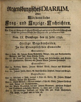 Regensburgisches Diarium oder wöchentliche Frag- und Anzeige-Nachrichten (Regensburger Wochenblatt) Dienstag 28. Februar 1792