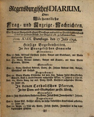 Regensburgisches Diarium oder wöchentliche Frag- und Anzeige-Nachrichten (Regensburger Wochenblatt) Dienstag 17. Juli 1792