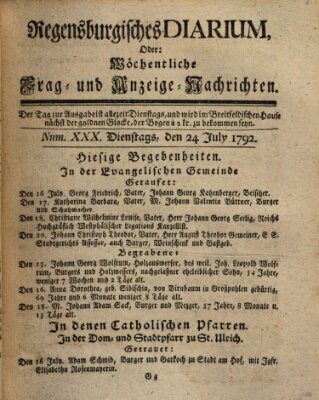 Regensburgisches Diarium oder wöchentliche Frag- und Anzeige-Nachrichten (Regensburger Wochenblatt) Dienstag 24. Juli 1792