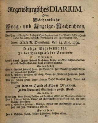 Regensburgisches Diarium oder wöchentliche Frag- und Anzeige-Nachrichten (Regensburger Wochenblatt) Dienstag 14. August 1792