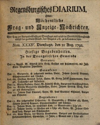 Regensburgisches Diarium oder wöchentliche Frag- und Anzeige-Nachrichten (Regensburger Wochenblatt) Dienstag 21. August 1792