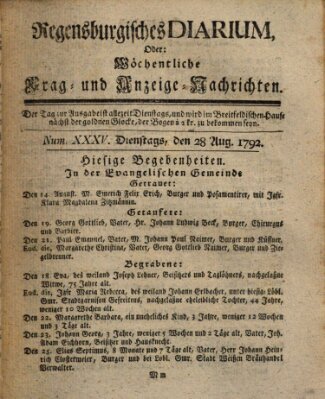 Regensburgisches Diarium oder wöchentliche Frag- und Anzeige-Nachrichten (Regensburger Wochenblatt) Dienstag 28. August 1792