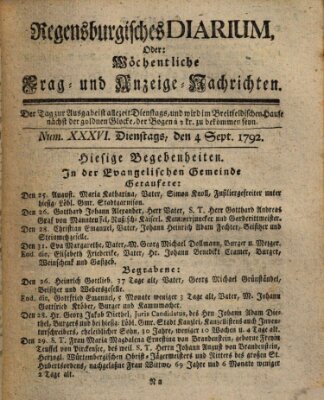 Regensburgisches Diarium oder wöchentliche Frag- und Anzeige-Nachrichten (Regensburger Wochenblatt) Dienstag 4. September 1792