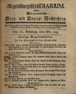 Regensburgisches Diarium oder wöchentliche Frag- und Anzeige-Nachrichten (Regensburger Wochenblatt) Dienstag 2. Oktober 1792