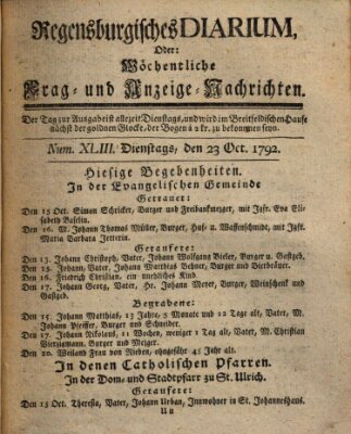 Regensburgisches Diarium oder wöchentliche Frag- und Anzeige-Nachrichten (Regensburger Wochenblatt) Dienstag 23. Oktober 1792