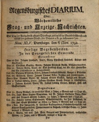 Regensburgisches Diarium oder wöchentliche Frag- und Anzeige-Nachrichten (Regensburger Wochenblatt) Dienstag 6. November 1792