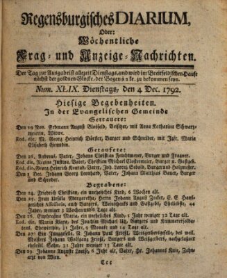 Regensburgisches Diarium oder wöchentliche Frag- und Anzeige-Nachrichten (Regensburger Wochenblatt) Dienstag 4. Dezember 1792