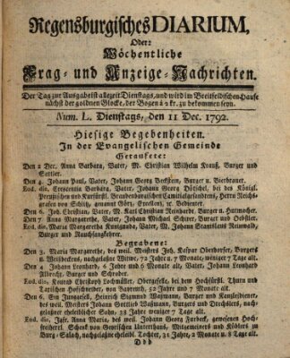 Regensburgisches Diarium oder wöchentliche Frag- und Anzeige-Nachrichten (Regensburger Wochenblatt) Dienstag 11. Dezember 1792