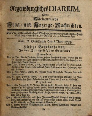 Regensburgisches Diarium oder wöchentliche Frag- und Anzeige-Nachrichten (Regensburger Wochenblatt) Dienstag 8. Januar 1793