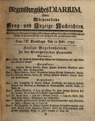 Regensburgisches Diarium oder wöchentliche Frag- und Anzeige-Nachrichten (Regensburger Wochenblatt) Dienstag 12. Februar 1793