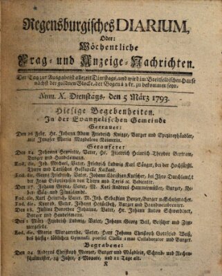 Regensburgisches Diarium oder wöchentliche Frag- und Anzeige-Nachrichten (Regensburger Wochenblatt) Dienstag 5. März 1793