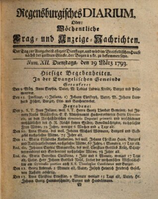 Regensburgisches Diarium oder wöchentliche Frag- und Anzeige-Nachrichten (Regensburger Wochenblatt) Dienstag 19. März 1793