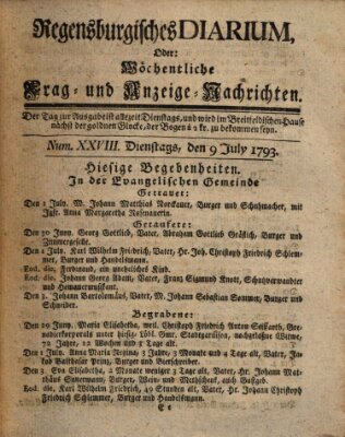 Regensburgisches Diarium oder wöchentliche Frag- und Anzeige-Nachrichten (Regensburger Wochenblatt) Dienstag 9. Juli 1793