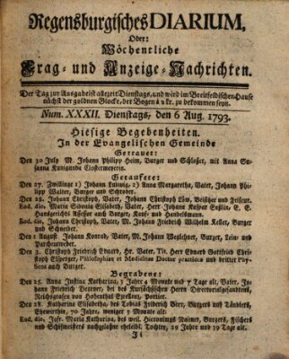 Regensburgisches Diarium oder wöchentliche Frag- und Anzeige-Nachrichten (Regensburger Wochenblatt) Dienstag 6. August 1793