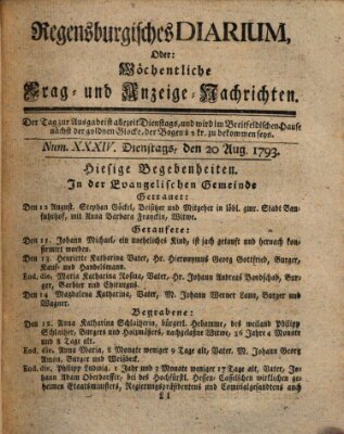 Regensburgisches Diarium oder wöchentliche Frag- und Anzeige-Nachrichten (Regensburger Wochenblatt) Dienstag 20. August 1793