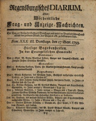 Regensburgisches Diarium oder wöchentliche Frag- und Anzeige-Nachrichten (Regensburger Wochenblatt) Dienstag 17. September 1793