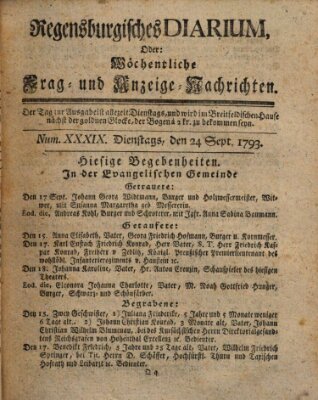 Regensburgisches Diarium oder wöchentliche Frag- und Anzeige-Nachrichten (Regensburger Wochenblatt) Dienstag 24. September 1793