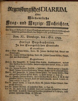 Regensburgisches Diarium oder wöchentliche Frag- und Anzeige-Nachrichten (Regensburger Wochenblatt) Dienstag 1. Oktober 1793