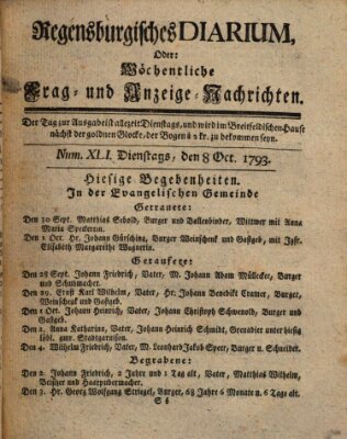 Regensburgisches Diarium oder wöchentliche Frag- und Anzeige-Nachrichten (Regensburger Wochenblatt) Dienstag 8. Oktober 1793