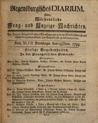 Regensburgisches Diarium oder wöchentliche Frag- und Anzeige-Nachrichten (Regensburger Wochenblatt) Dienstag 19. November 1793