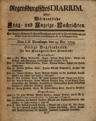 Regensburgisches Diarium oder wöchentliche Frag- und Anzeige-Nachrichten (Regensburger Wochenblatt) Dienstag 24. Dezember 1793