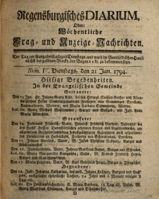 Regensburgisches Diarium oder wöchentliche Frag- und Anzeige-Nachrichten (Regensburger Wochenblatt) Dienstag 21. Januar 1794