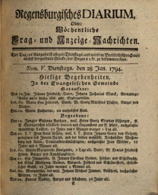 Regensburgisches Diarium oder wöchentliche Frag- und Anzeige-Nachrichten (Regensburger Wochenblatt) Dienstag 28. Januar 1794