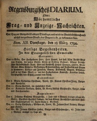 Regensburgisches Diarium oder wöchentliche Frag- und Anzeige-Nachrichten (Regensburger Wochenblatt) Dienstag 18. März 1794