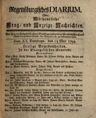 Regensburgisches Diarium oder wöchentliche Frag- und Anzeige-Nachrichten (Regensburger Wochenblatt) Dienstag 13. Mai 1794