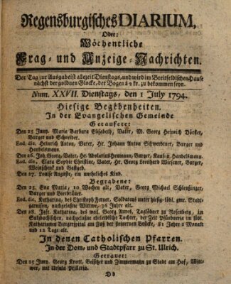 Regensburgisches Diarium oder wöchentliche Frag- und Anzeige-Nachrichten (Regensburger Wochenblatt) Dienstag 1. Juli 1794