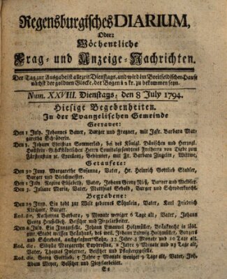 Regensburgisches Diarium oder wöchentliche Frag- und Anzeige-Nachrichten (Regensburger Wochenblatt) Dienstag 8. Juli 1794