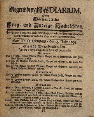 Regensburgisches Diarium oder wöchentliche Frag- und Anzeige-Nachrichten (Regensburger Wochenblatt) Dienstag 29. Juli 1794