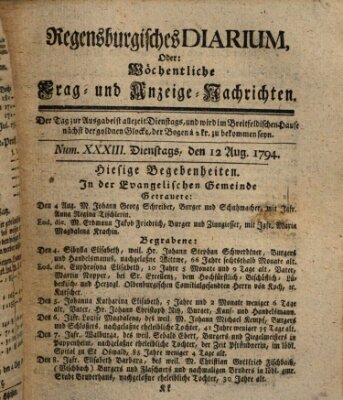 Regensburgisches Diarium oder wöchentliche Frag- und Anzeige-Nachrichten (Regensburger Wochenblatt) Dienstag 12. August 1794