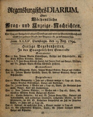 Regensburgisches Diarium oder wöchentliche Frag- und Anzeige-Nachrichten (Regensburger Wochenblatt) Dienstag 19. August 1794