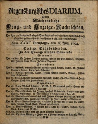 Regensburgisches Diarium oder wöchentliche Frag- und Anzeige-Nachrichten (Regensburger Wochenblatt) Dienstag 26. August 1794