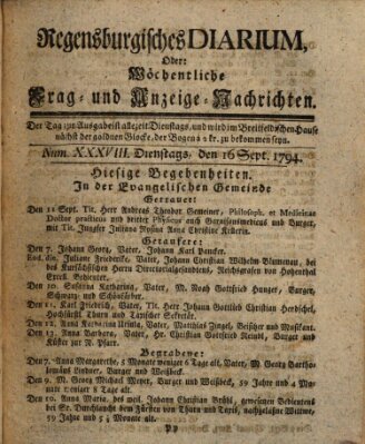 Regensburgisches Diarium oder wöchentliche Frag- und Anzeige-Nachrichten (Regensburger Wochenblatt) Dienstag 16. September 1794