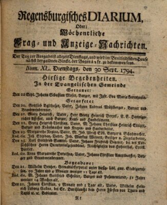 Regensburgisches Diarium oder wöchentliche Frag- und Anzeige-Nachrichten (Regensburger Wochenblatt) Dienstag 30. September 1794