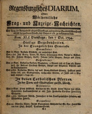 Regensburgisches Diarium oder wöchentliche Frag- und Anzeige-Nachrichten (Regensburger Wochenblatt) Dienstag 7. Oktober 1794