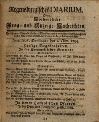 Regensburgisches Diarium oder wöchentliche Frag- und Anzeige-Nachrichten (Regensburger Wochenblatt) Dienstag 4. November 1794