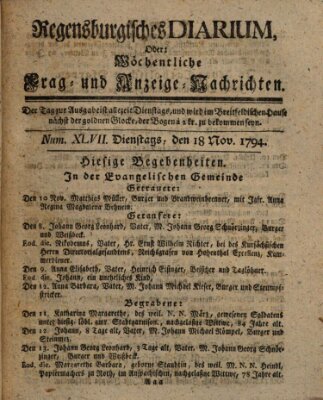 Regensburgisches Diarium oder wöchentliche Frag- und Anzeige-Nachrichten (Regensburger Wochenblatt) Dienstag 18. November 1794