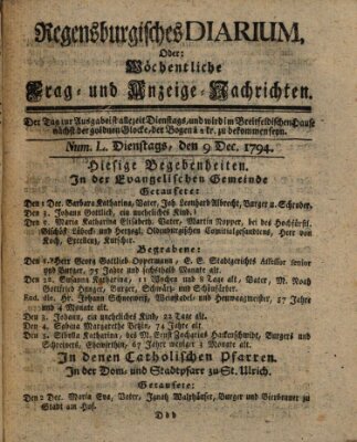 Regensburgisches Diarium oder wöchentliche Frag- und Anzeige-Nachrichten (Regensburger Wochenblatt) Dienstag 9. Dezember 1794