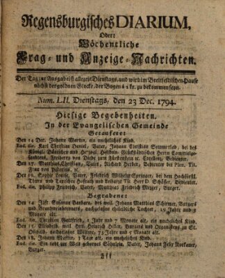 Regensburgisches Diarium oder wöchentliche Frag- und Anzeige-Nachrichten (Regensburger Wochenblatt) Dienstag 23. Dezember 1794