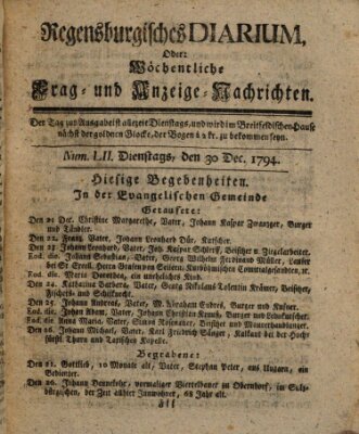 Regensburgisches Diarium oder wöchentliche Frag- und Anzeige-Nachrichten (Regensburger Wochenblatt) Dienstag 30. Dezember 1794