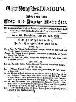 Regensburgisches Diarium oder wöchentliche Frag- und Anzeige-Nachrichten (Regensburger Wochenblatt) Dienstag 20. Januar 1795